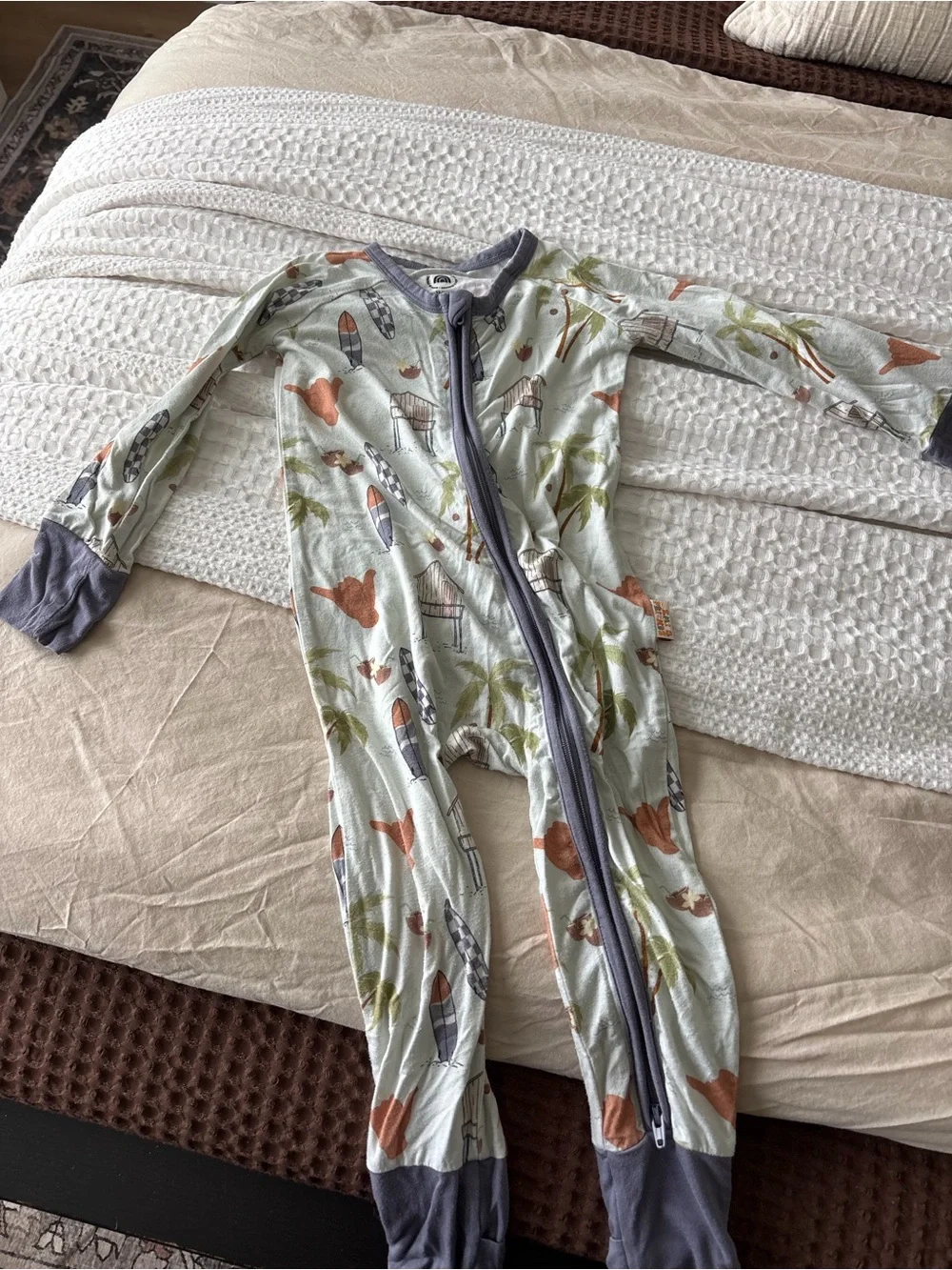 Remi and friends Light Green Palm & Surf Zip Front Footie for Kids